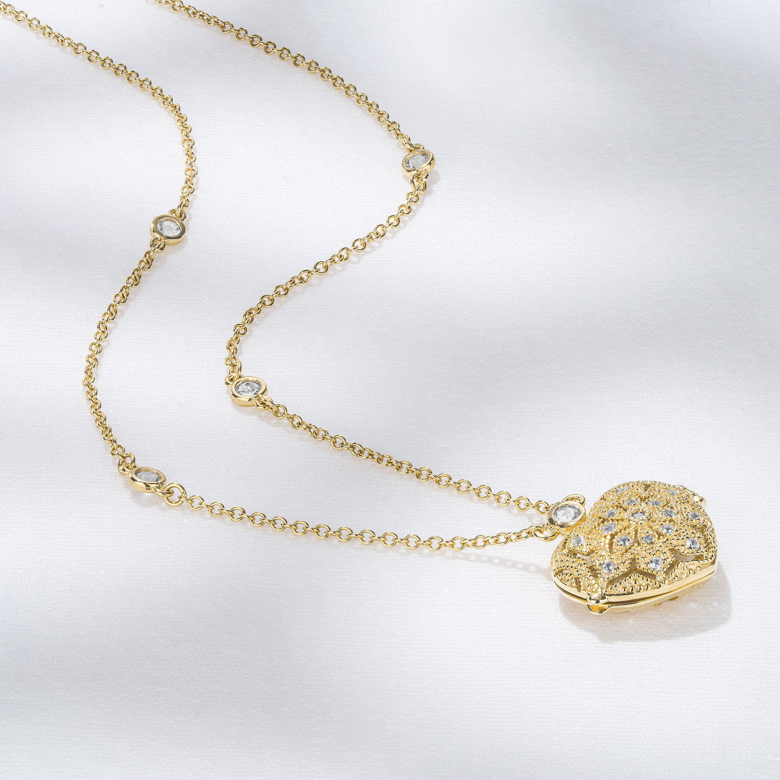 Vintage Heart Locket Lab Diamond Necklace White Topaz in 18K Gold Vermeil